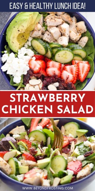 two pictures of salad titled "Strawberry Chicken Salad. Easy & Healthy Lunch Idea!"