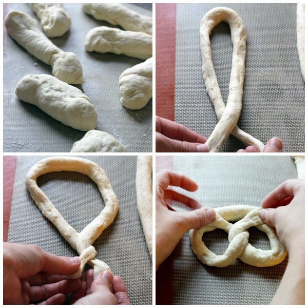 four in-process pictures of pretzel dough being formed into a pretzel
