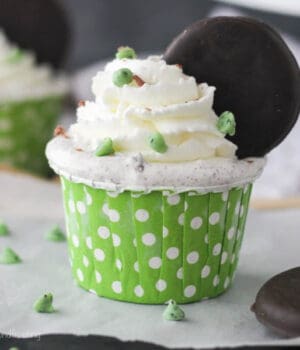closeup of a thin mint cupcake from the side