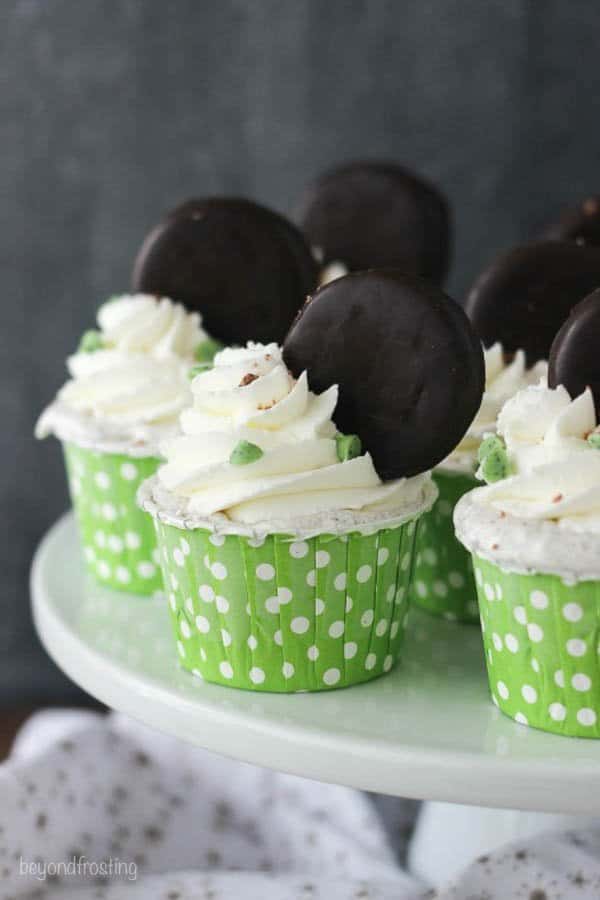 thin mint ice cream cupcakes lined on a cake stand