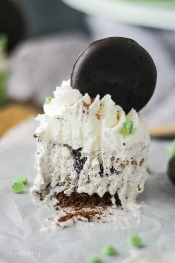 slightly melty ice cream cupcake topped with a thin mint