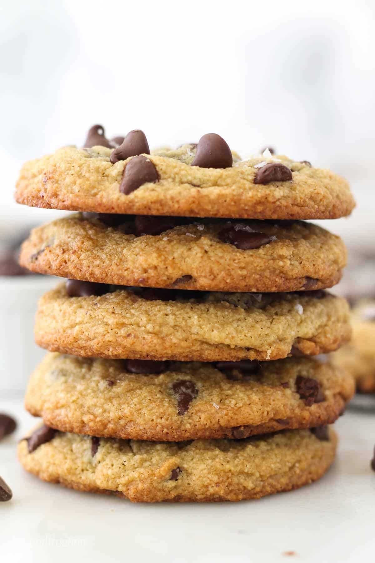 A stack of almond flour chocolate chip cookies