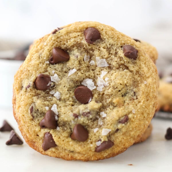 A gluten free chocolate chip cookie on its side
