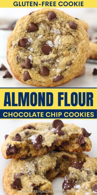 Pinterst graphic with two photos of almond flour chocolate chip cookies