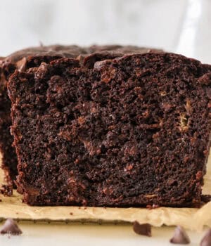 Front view of a loaf of chocolate banana bread