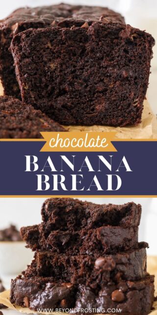 Pinterest graphic with two images of chocolate banana bread
