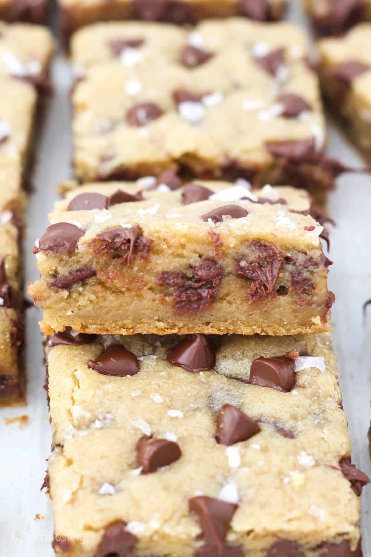 Overhead view of three chocolate chip cookie bars