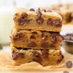 3 chocolate chip cookie bars stacked on each other