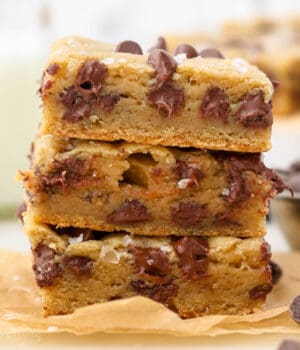 3 chocolate chip cookie bars stacked on each other