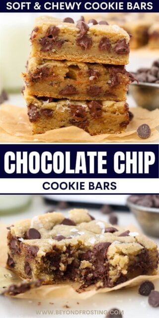 Pinterest graphic with two photos of chocolate chip cookie bars