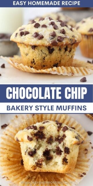 Pinterest graphic with two images of chocolate chip muffins with text overlay