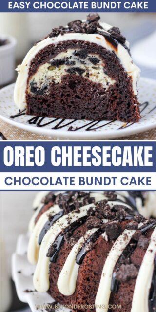 two pictures of bundt cake titled "Oreo Cheesecake Chocolate Bundt Cake. Easy Chocolate Bundt Cake"