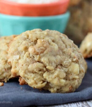 closeup of an coconut oatmeal cookie leaning on another