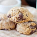 two chocolate chip cookies with another stacked on top