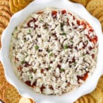 Cold crab dip in a white pie pan