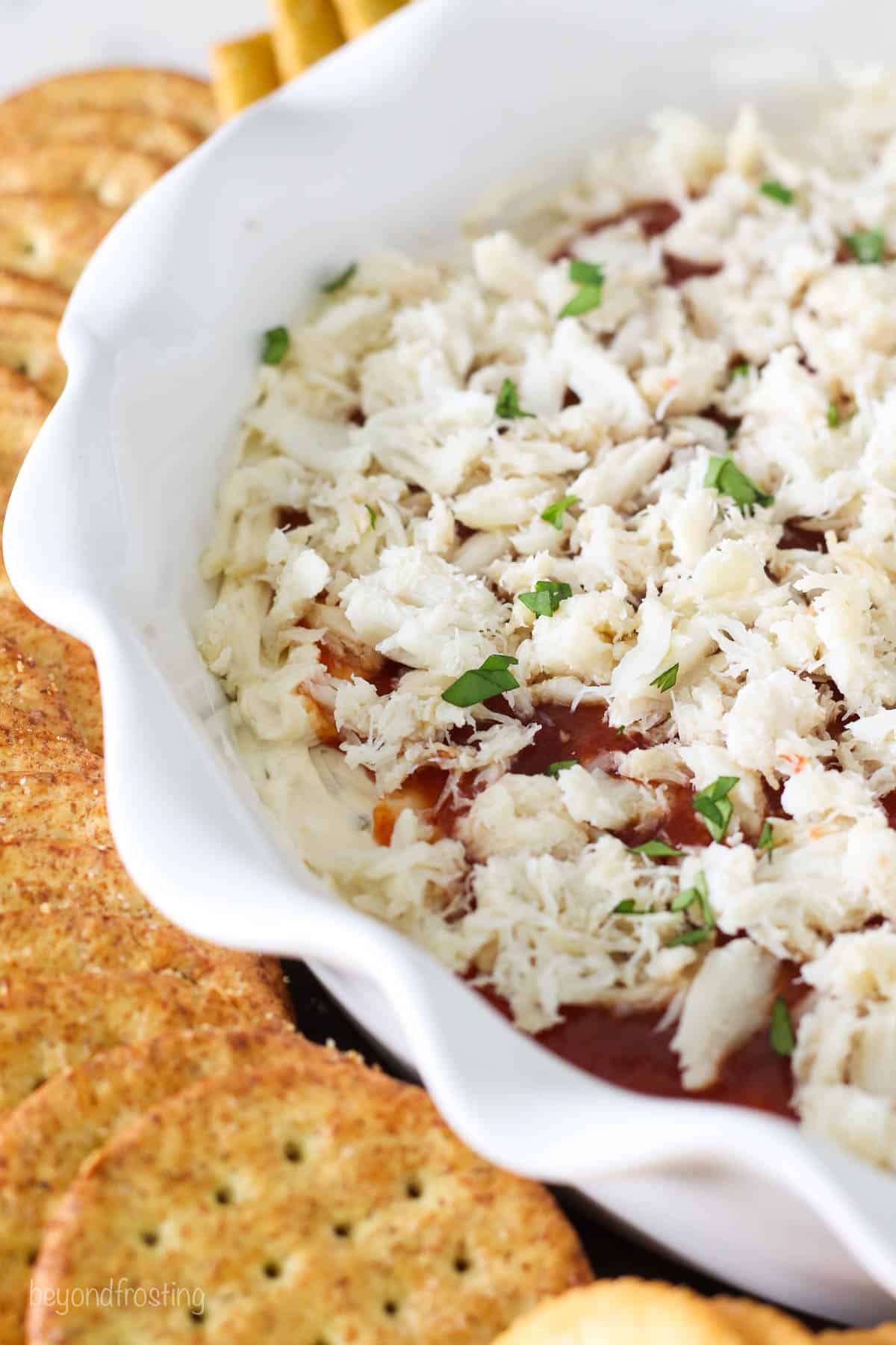 Close-up angled view of cold crab dip