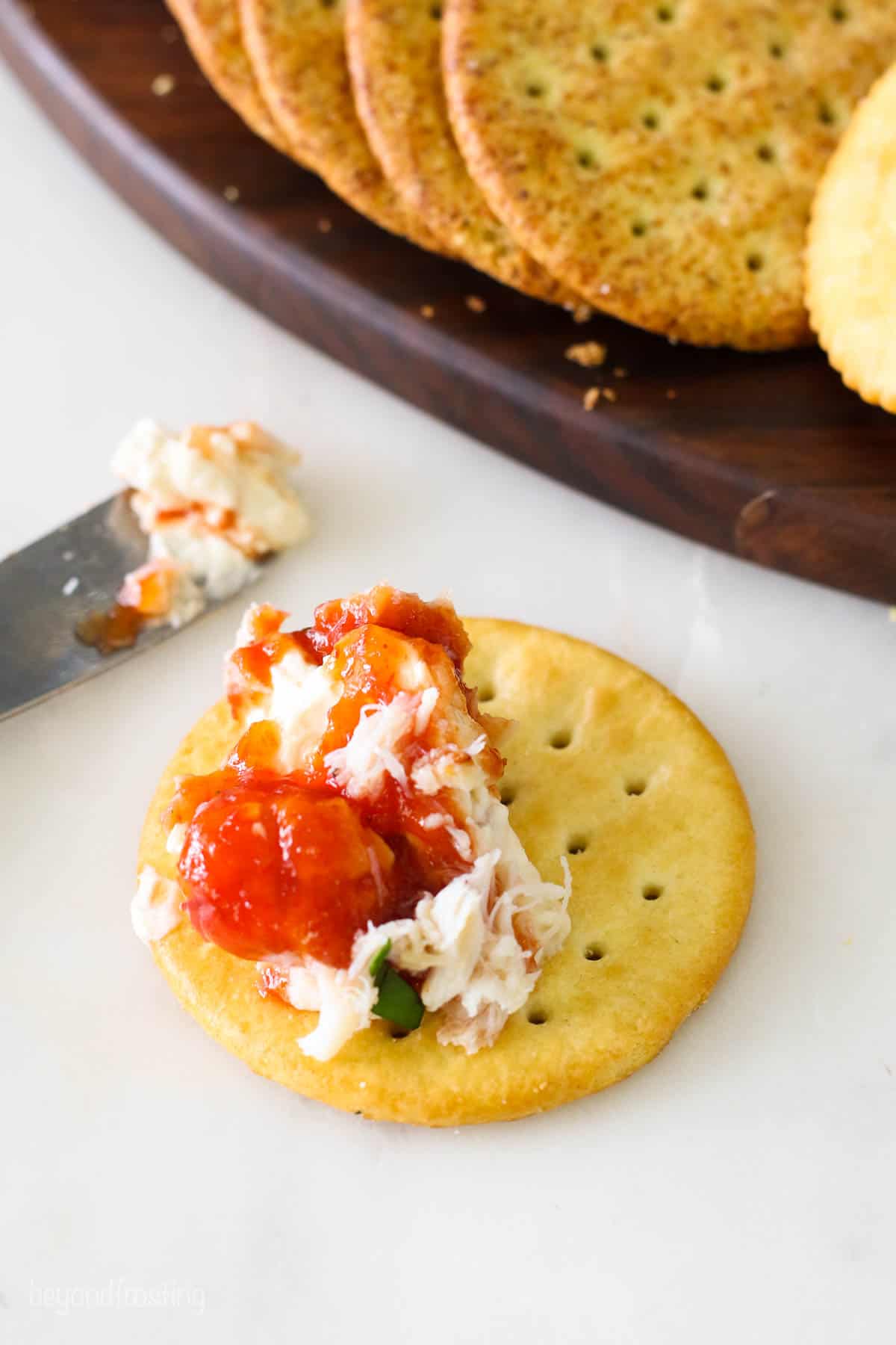 Cold crab dip spread on a butter cracker