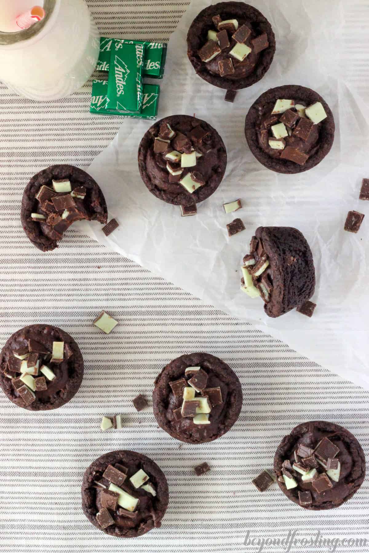 overhead of dark chocolate Andes cookie cups on the counter