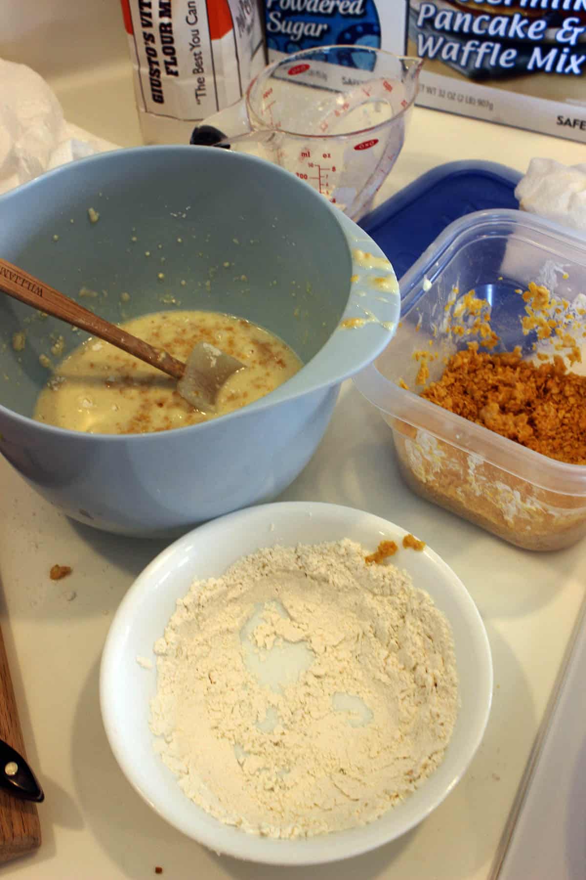 overhead of cookie dough breading ingredients