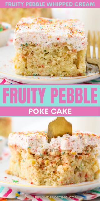 Two images of Fruity Pebble cake with text overlay