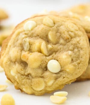 A Close-Up Shot of a White Chocolate Macadamia Nut Cookie