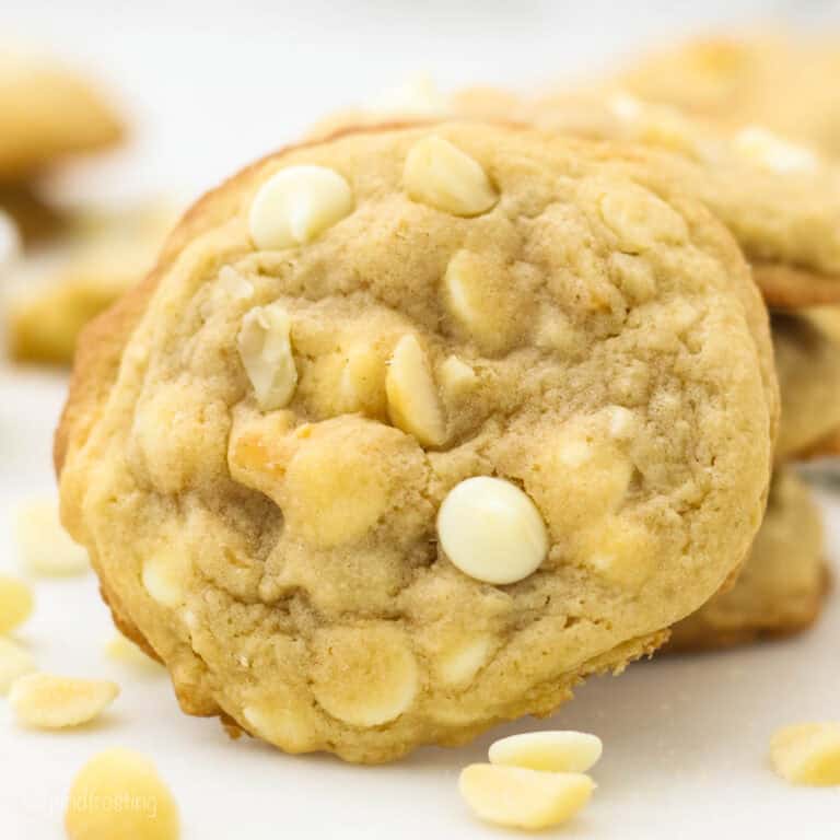 A Close-Up Shot of a White Chocolate Macadamia Nut Cookie