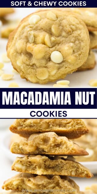 Pinterest image of two Macadamia nut cookies with text