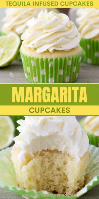 Pinterest graphic with two images of margarita cupcakes with text overlay