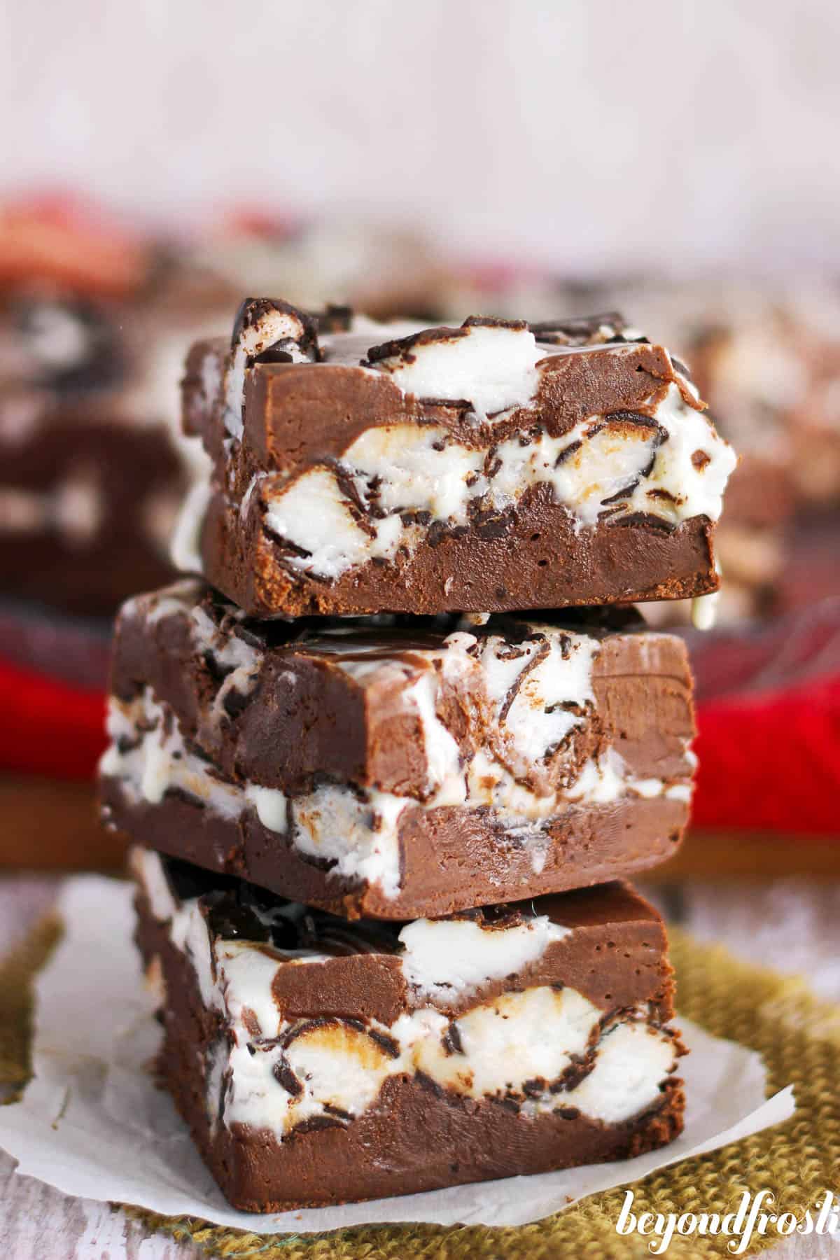 three pieces of peppermint fudge stacked