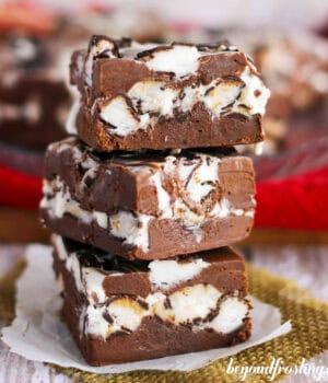 three pieces of peppermint fudge stacked