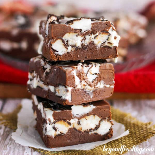 three pieces of peppermint fudge stacked