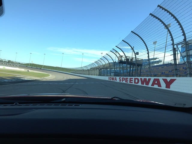 Looking out the windshield of a car on the Iowa Speedway