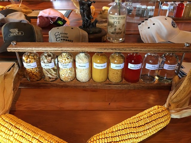 A row of corn-based products in glass jars