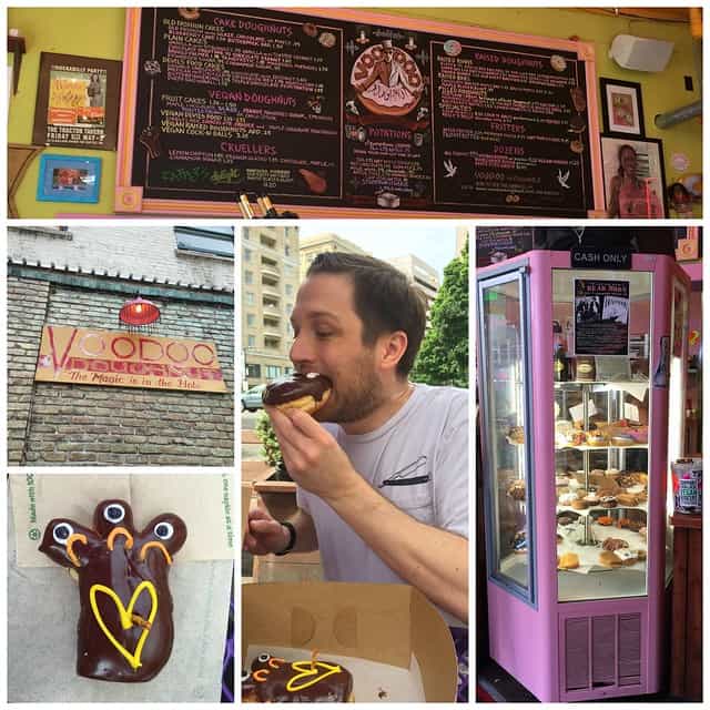 Collage of VooDoo Donuts restaurant and donuts