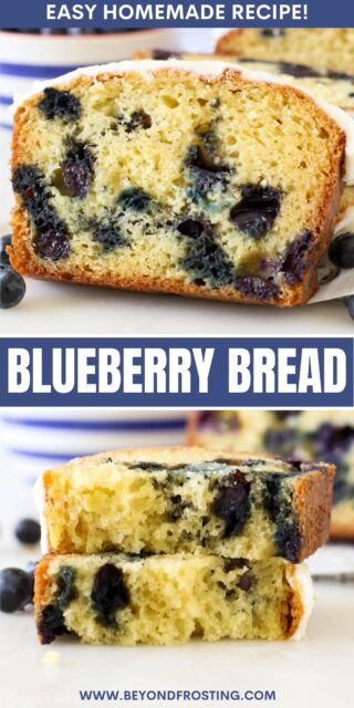 Pinterest graphic with two images of blueberry bread with text overlay