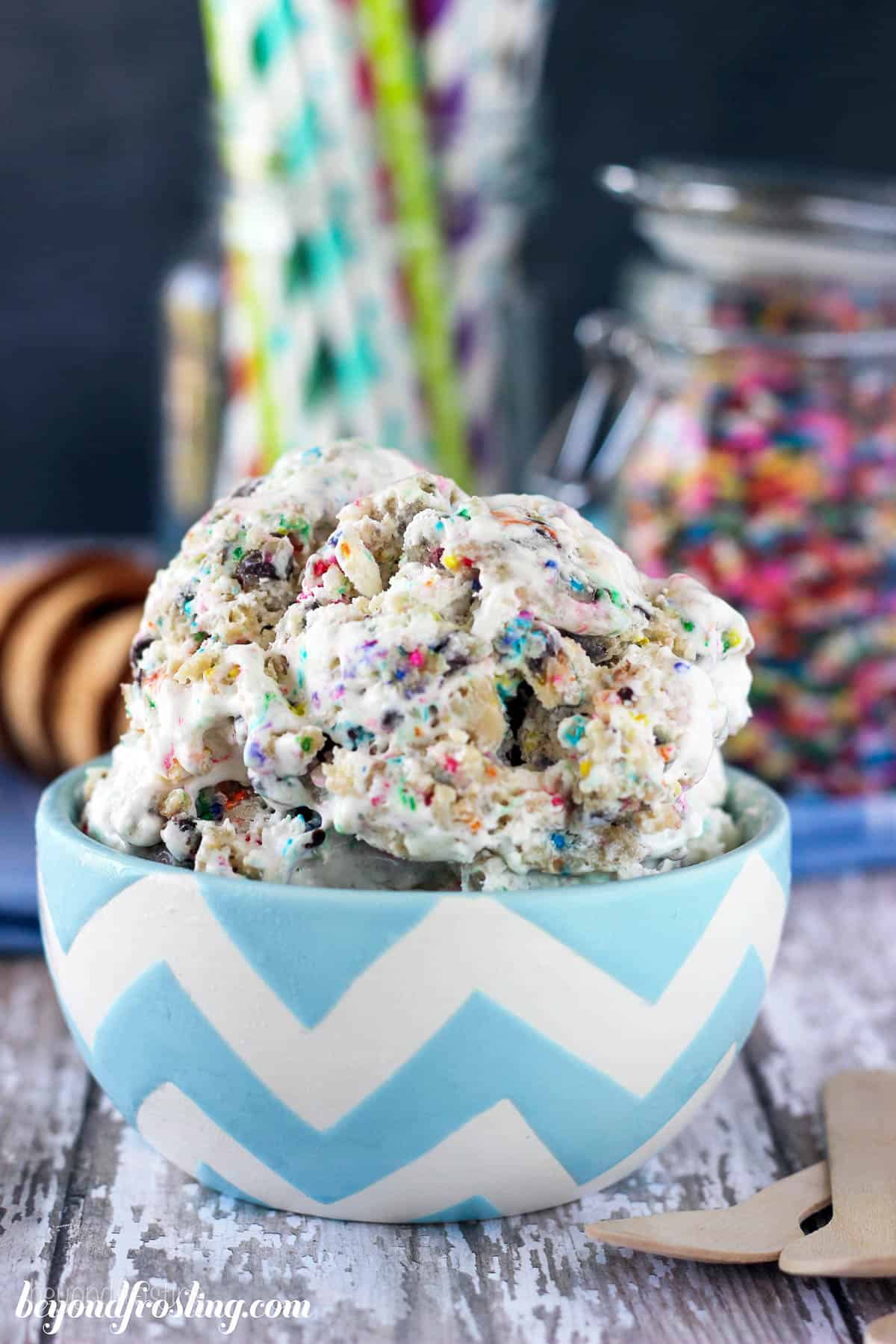 side view of a bowl piled with cake batter ice cream