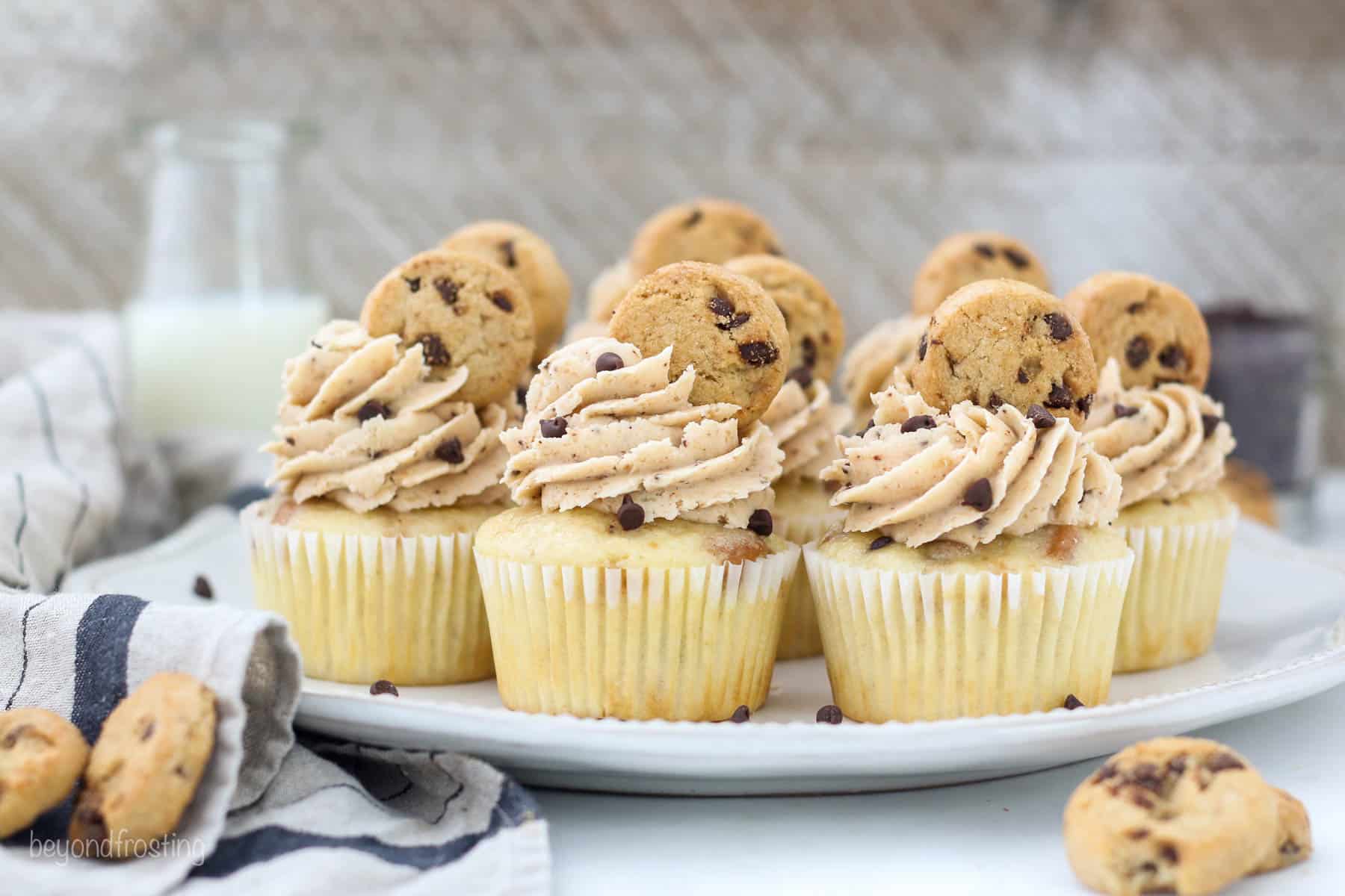 A large plate with Chocolate Chip Cookie Cupcakes