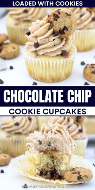 Pinterest Image of 2 Chocolate Chip Cupcakes with text overlay