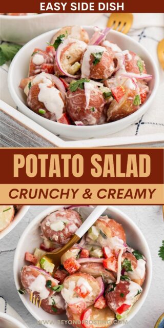 Pinterest graphic with two images of cold potato salad with text overlay