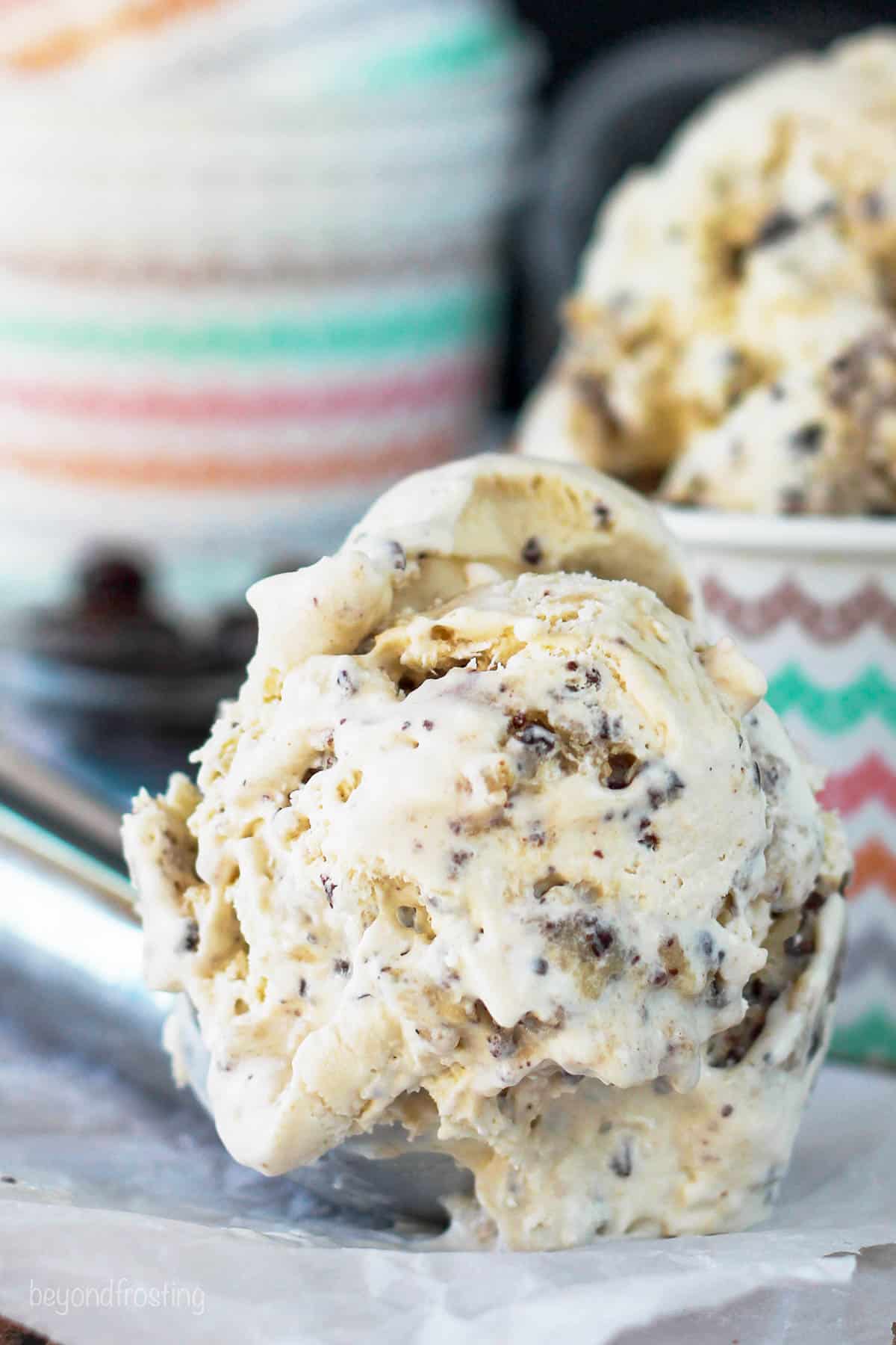 closeup of a scoop of cookie dough ice cream from the side