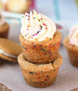 two funfetti cookie cups stacked