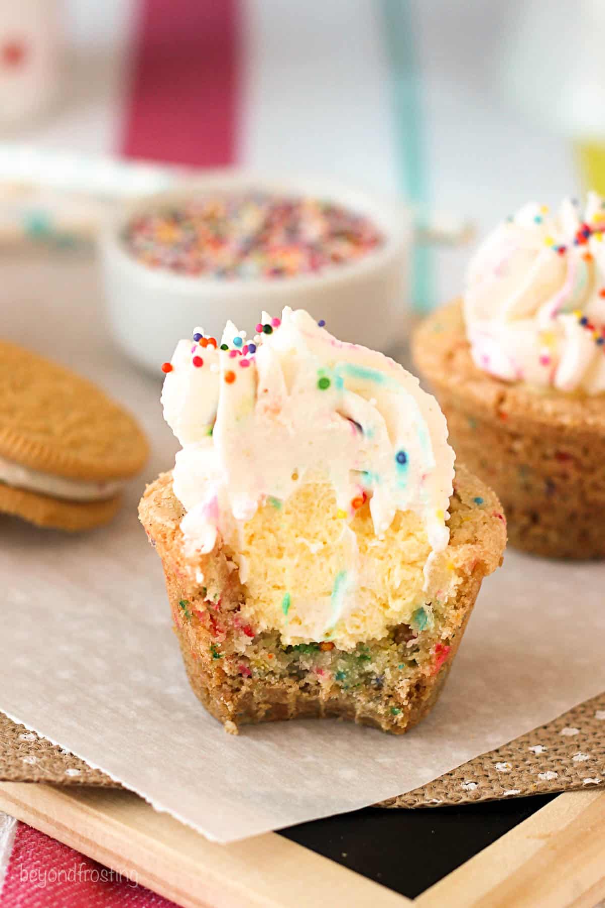 side view of a cookie cup with a bite taken out