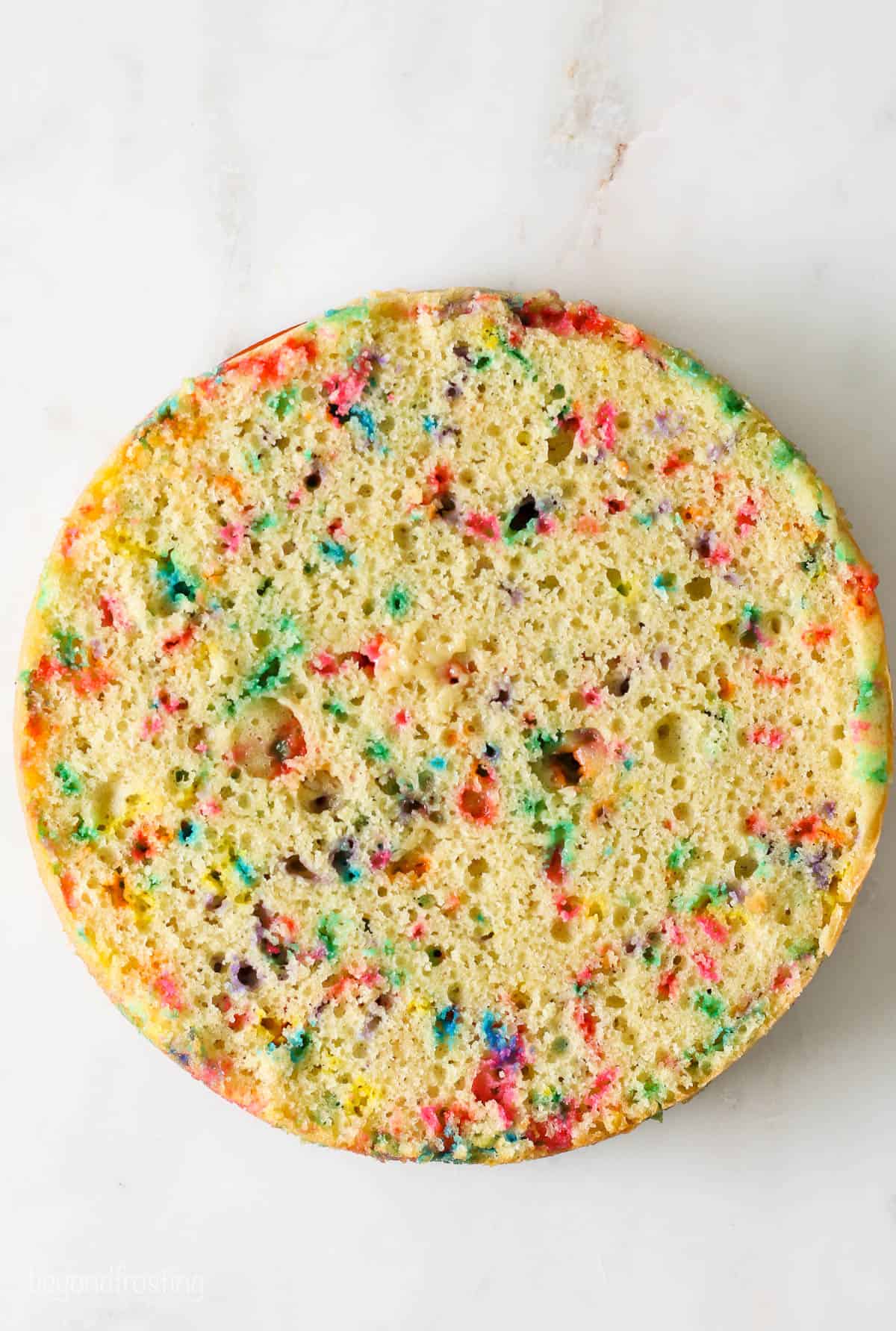 a leveled layer of funfetti cake showing the inside of the cake