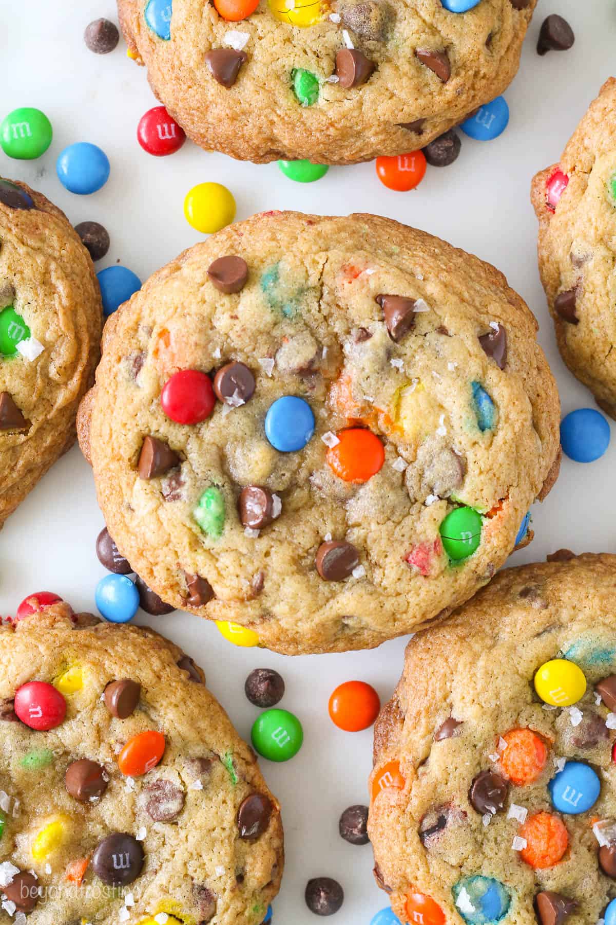 Overhead view of giant chocolate chip M&M cookies