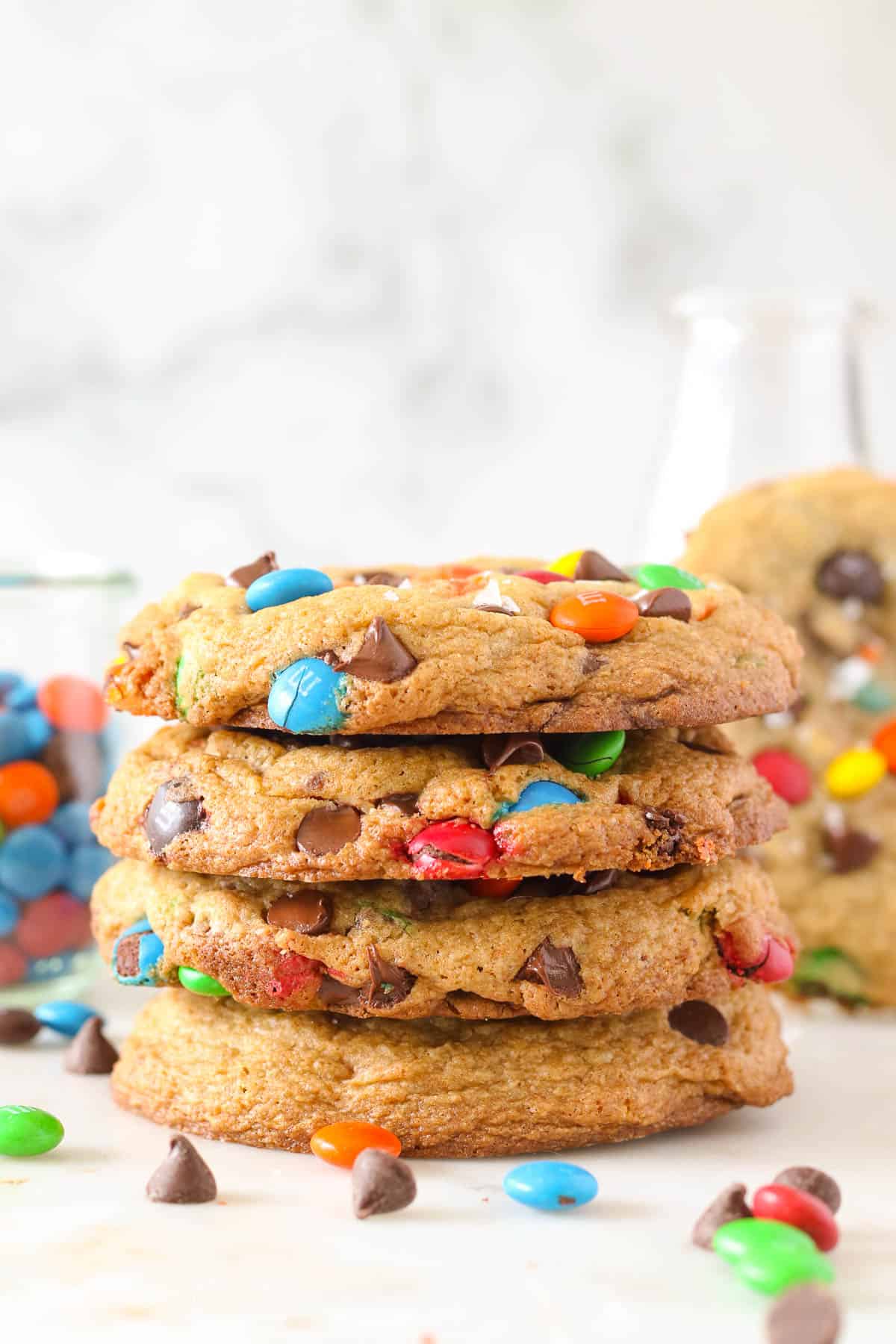 A stack of giant M&M chocolate chip cookies