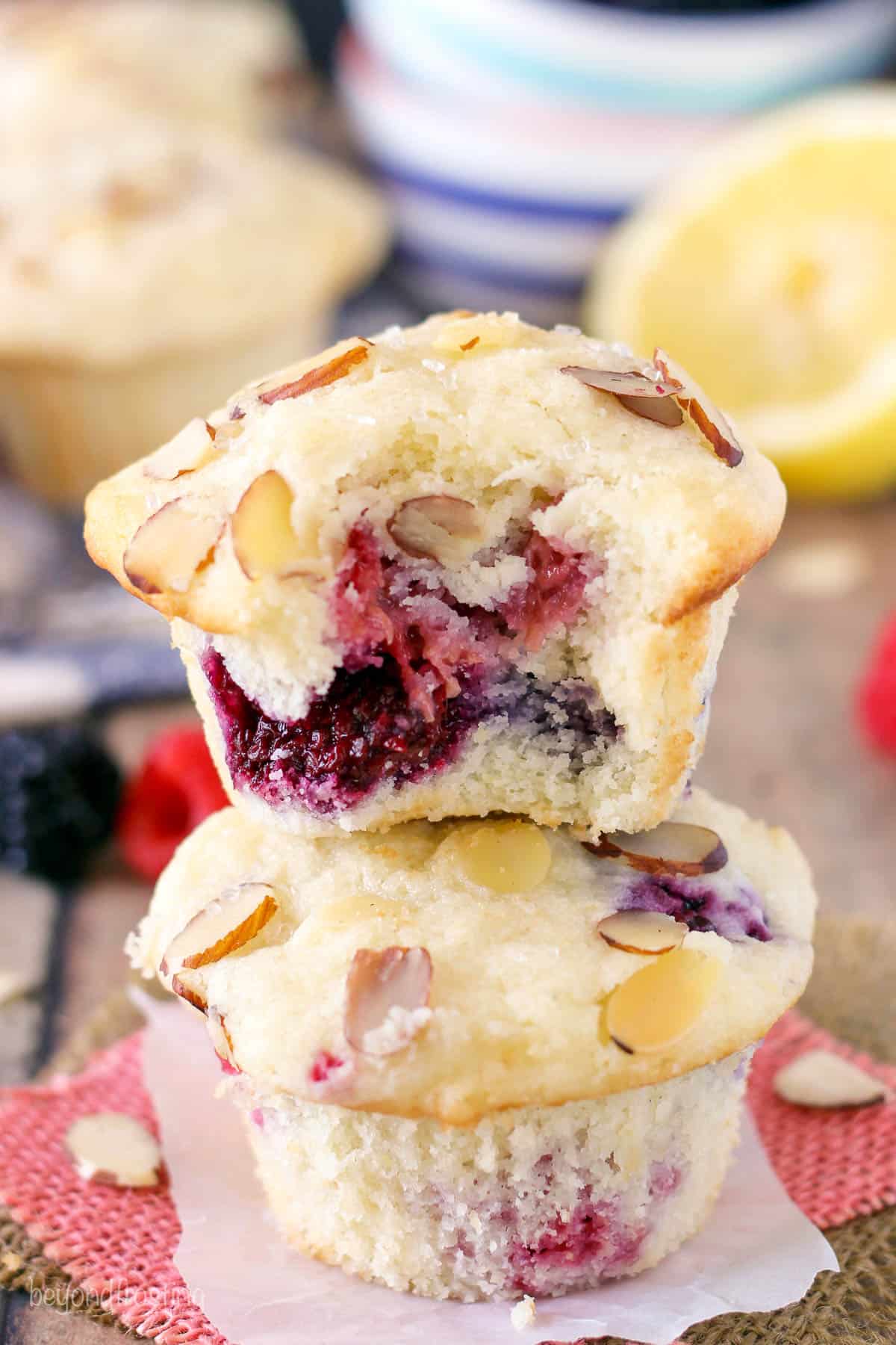 two lemon raspberry muffins stacked