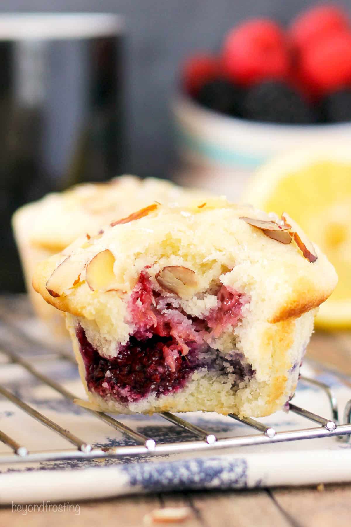 side view of a lemon raspberry muffin on a cooling rack with a bite taken out