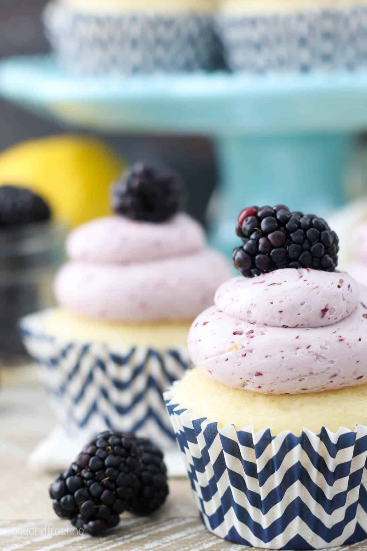 two cupcakes, one in focus and the other blurred in the background topped with blackberries