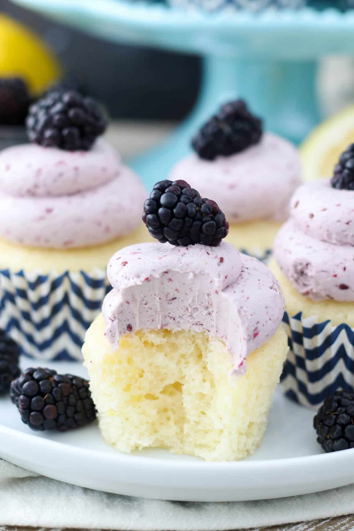 side view of a plate of lemon cupcakes topped with blackberries with a bite taken out of the front cupcake