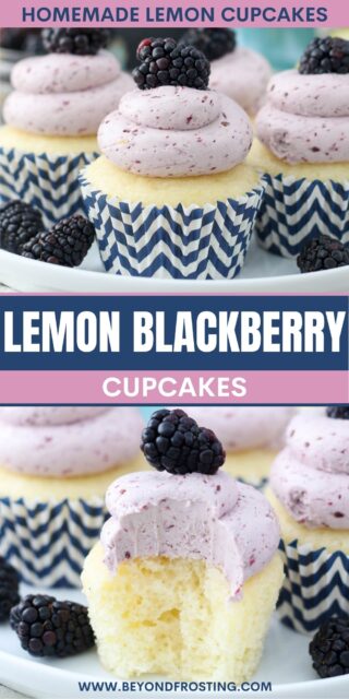two pictures of lemon cupcakes titled "Lemon Blackberry Cupcakes. Homemade Lemon Cupcakes"